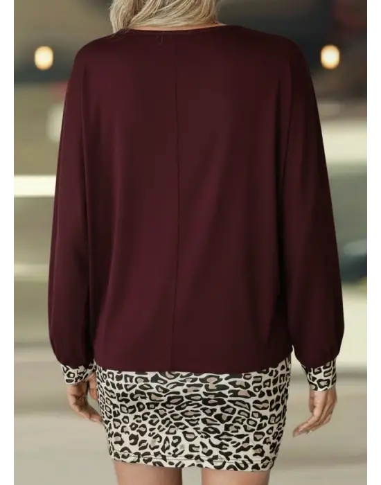 Modern Bisiklet Yaka Viskon Leopard Desenli Elbise