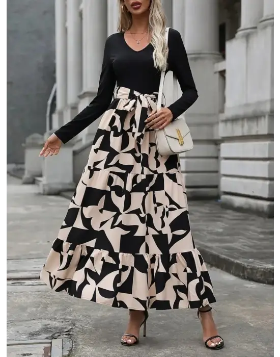 Kadın Uzun Kollu Bisiklet Yaka Uzun Elbise