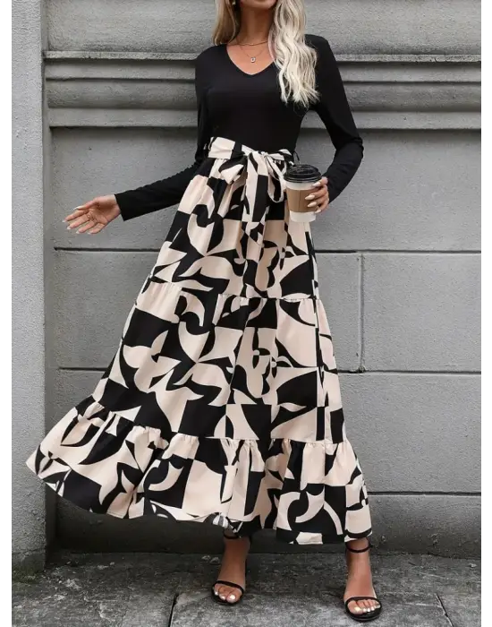 Kadın Uzun Kollu Bisiklet Yaka Uzun Elbise