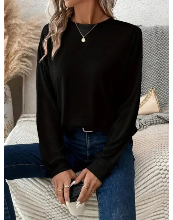 Kadın Uzun Kollu Bisiklet Yaka Viskon Bluz