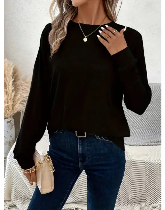Kadın Uzun Kollu Bisiklet Yaka Viskon Bluz