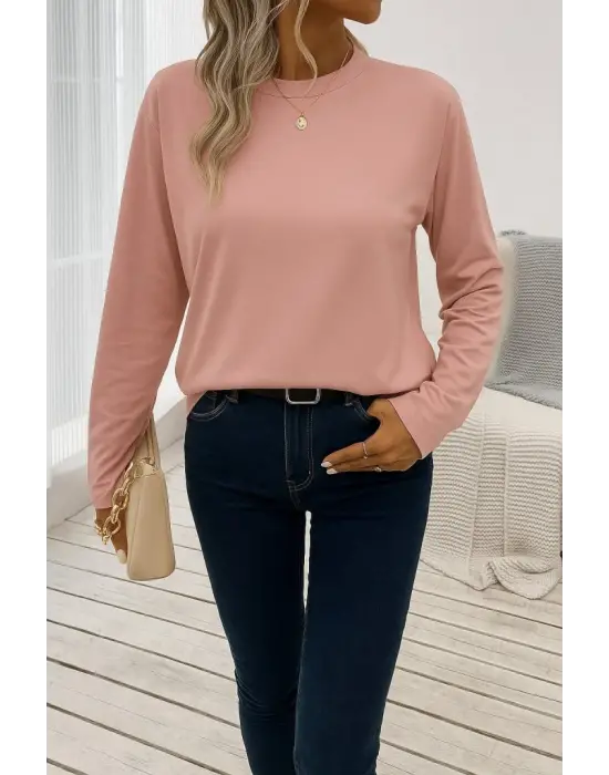 Kadın Uzun Kollu Bisiklet Yaka Viskon Bluz