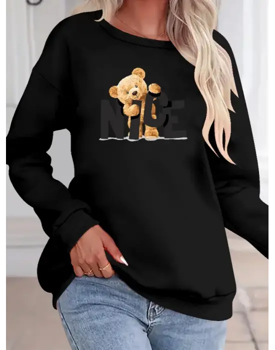 Kadın Uzun Kollu Bisiklet Yaka Viskon Iki Iplik Bluz