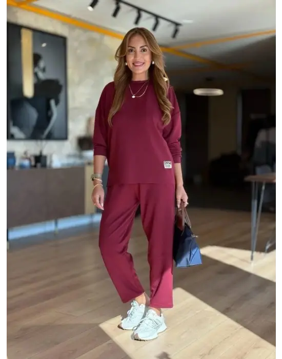 Kadın Uzun Kollu Bisiklet Yaka Viskon Iki Iplik Bluz Ve Pantolon Ikili Takım