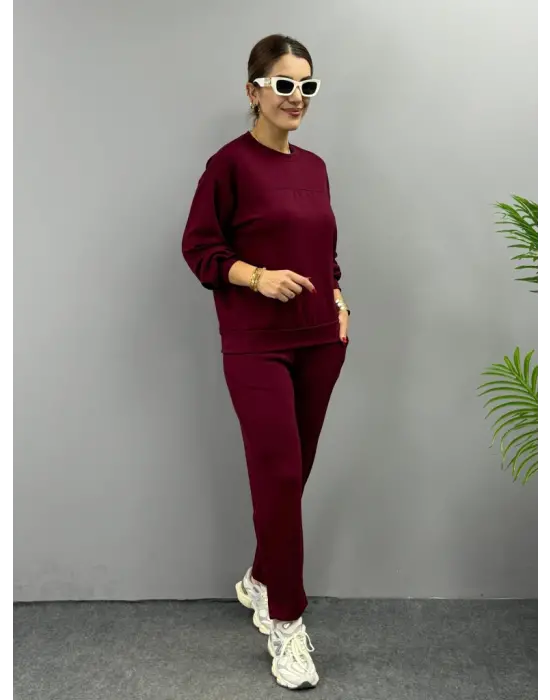 Kadın Uzun Kollu Bisiklet Yaka Viskon Iki Iplik Bluz Ve Pantolon Ikili Takım