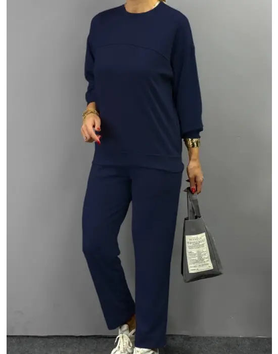 Kadın Uzun Kollu Bisiklet Yaka Viskon Iki Iplik Bluz Ve Pantolon Ikili Takım