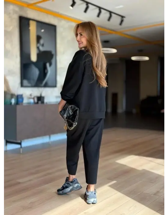 Kadın Uzun Kollu Bisiklet Yaka Viskon Iki Iplik Bluz Ve Pantolon Ikili Takım