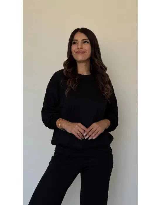 Kadın Uzun Kollu Bisiklet Yaka Viskon Iki Iplik Bluz Ve Pantolon Ikili Takım