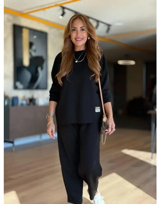 Kadın Uzun Kollu Bisiklet Yaka Viskon Iki Iplik Bluz Ve Pantolon Ikili Takım