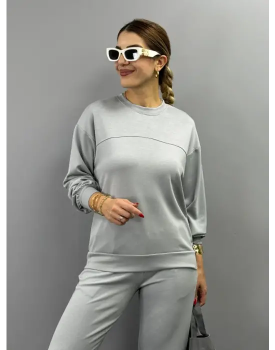 Kadın Uzun Kollu Bisiklet Yaka Viskon Iki Iplik Bluz Ve Pantolon Ikili Takım