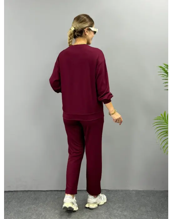 Kadın Uzun Kollu Bisiklet Yaka Viskon Iki Iplik Bluz Ve Pantolon Ikili Takım