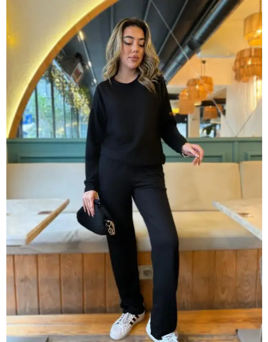 Kadın Uzun Kollu Bisiklet Yaka Viskon Iki Iplik Bluz Ve Pantolon Ikili Takım