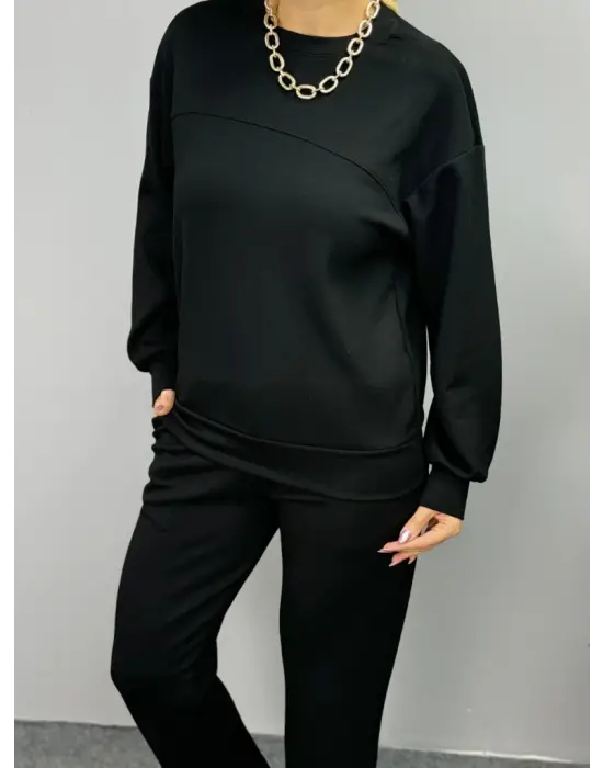 Kadın Uzun Kollu Bisiklet Yaka Viskon Iki Iplik Bluz Ve Pantolon Ikili Takım