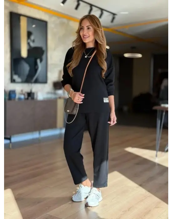 Kadın Uzun Kollu Bisiklet Yaka Viskon Iki Iplik Bluz Ve Pantolon Ikili Takım