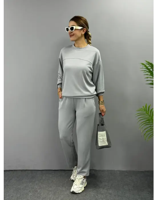 Kadın Uzun Kollu Bisiklet Yaka Viskon Iki Iplik Bluz Ve Pantolon Ikili Takım