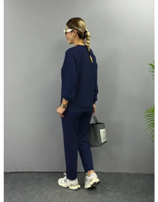 Kadın Uzun Kollu Bisiklet Yaka Viskon Iki Iplik Bluz Ve Pantolon Ikili Takım