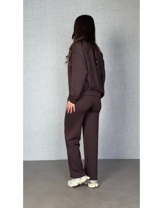 Kadın Uzun Kollu Bisiklet Yaka Viskon Iki Iplik Bluz Ve Pantolon Ikili Takım