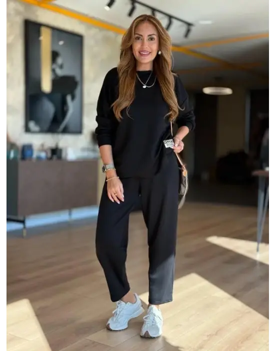 Kadın Uzun Kollu Bisiklet Yaka Viskon Iki Iplik Bluz Ve Pantolon Ikili Takım