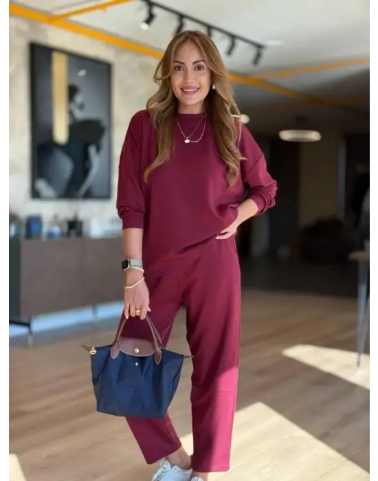 Kadın Uzun Kollu Bisiklet Yaka Viskon Iki Iplik Bluz Ve Pantolon Ikili Takım