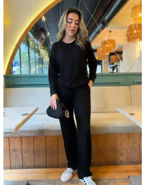 Kadın Uzun Kollu Bisiklet Yaka Viskon Iki Iplik Bluz Ve Pantolon Ikili Takım