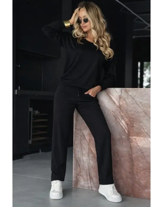 Kadın Uzun Kollu Bisiklet Yaka Viskon Iki Iplik Bluz Ve Pantolon Ikili Takım
