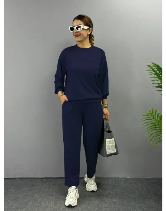 Kadın Uzun Kollu Bisiklet Yaka Viskon Iki Iplik Bluz Ve Pantolon Ikili Takım