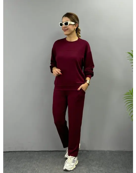 Kadın Uzun Kollu Bisiklet Yaka Viskon Iki Iplik Bluz Ve Pantolon Ikili Takım