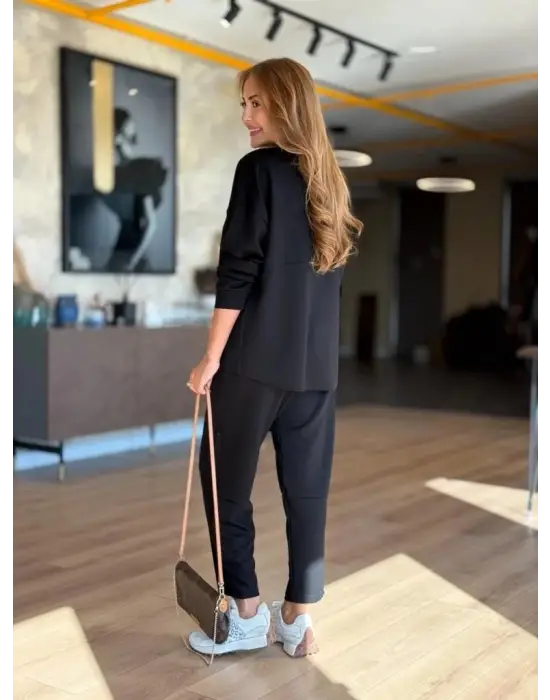 Kadın Uzun Kollu Bisiklet Yaka Viskon Iki Iplik Bluz Ve Pantolon Ikili Takım