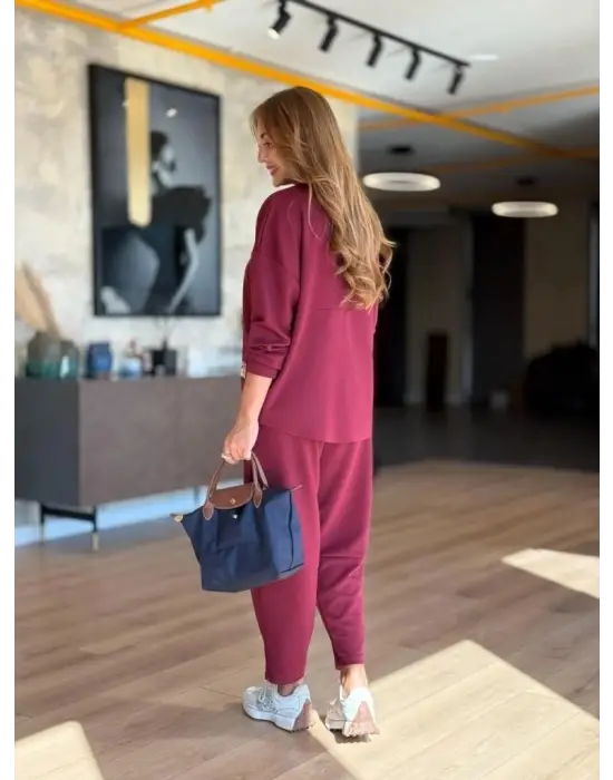 Kadın Uzun Kollu Bisiklet Yaka Viskon Iki Iplik Bluz Ve Pantolon Ikili Takım