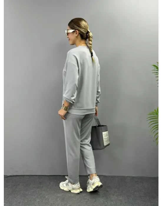 Kadın Uzun Kollu Bisiklet Yaka Viskon Iki Iplik Bluz Ve Pantolon Ikili Takım