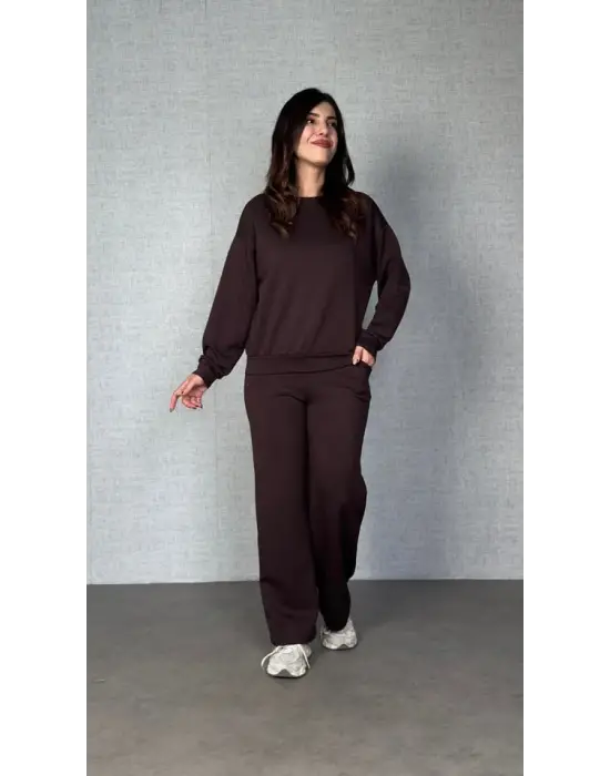 Kadın Uzun Kollu Bisiklet Yaka Viskon Iki Iplik Bluz Ve Pantolon Ikili Takım