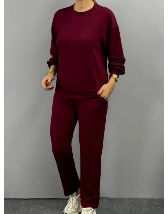 Kadın Uzun Kollu Bisiklet Yaka Viskon Iki Iplik Bluz Ve Pantolon Ikili Takım