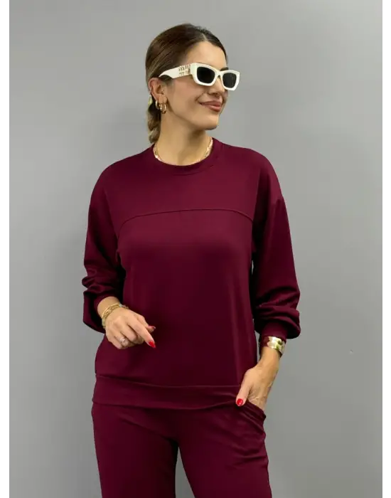 Kadın Uzun Kollu Bisiklet Yaka Viskon Iki Iplik Bluz Ve Pantolon Ikili Takım