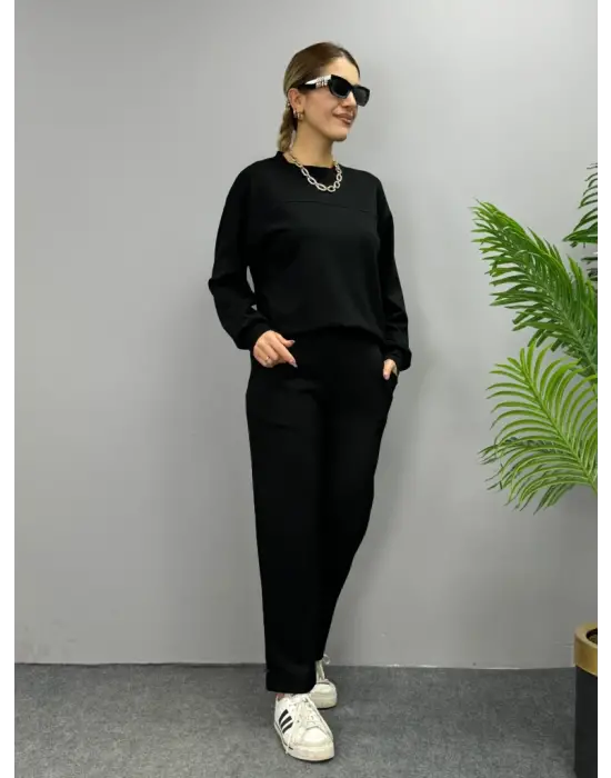 Kadın Uzun Kollu Bisiklet Yaka Viskon Iki Iplik Bluz Ve Pantolon Ikili Takım