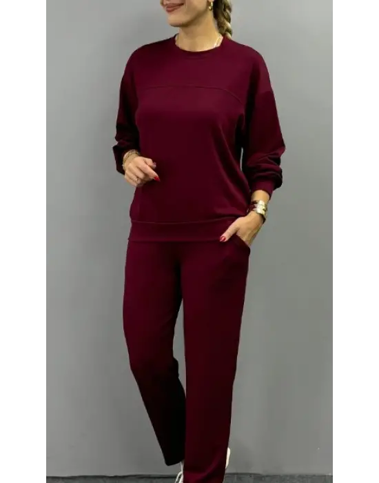 Kadın Uzun Kollu Bisiklet Yaka Viskon Iki Iplik Bluz Ve Pantolon Ikili Takım