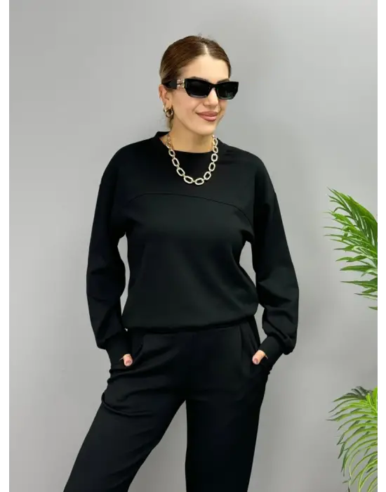 Kadın Uzun Kollu Bisiklet Yaka Viskon Iki Iplik Bluz Ve Pantolon Ikili Takım