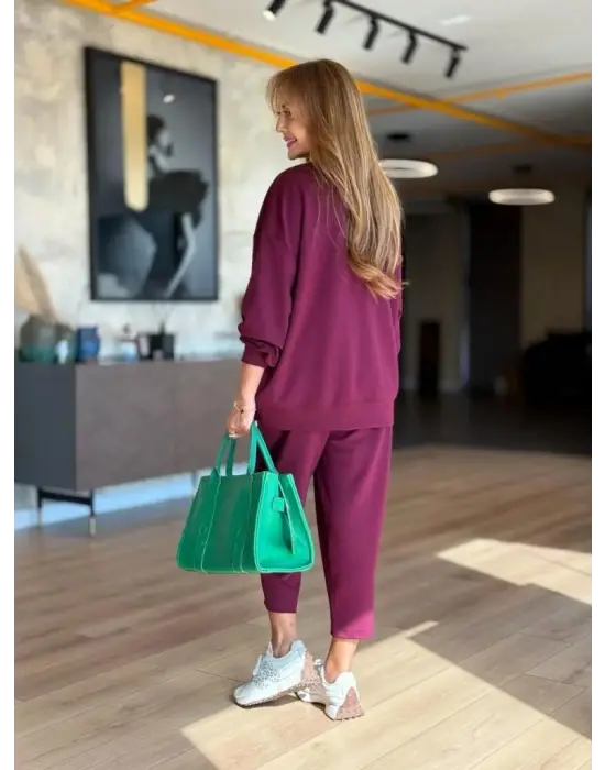 Kadın Uzun Kollu Bisiklet Yaka Viskon Iki Iplik Mor Bluz Ve Pantolon Ikili Takım