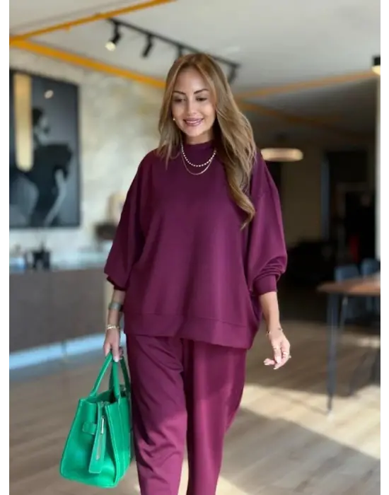 Kadın Uzun Kollu Bisiklet Yaka Viskon Iki Iplik Mor Bluz Ve Pantolon Ikili Takım