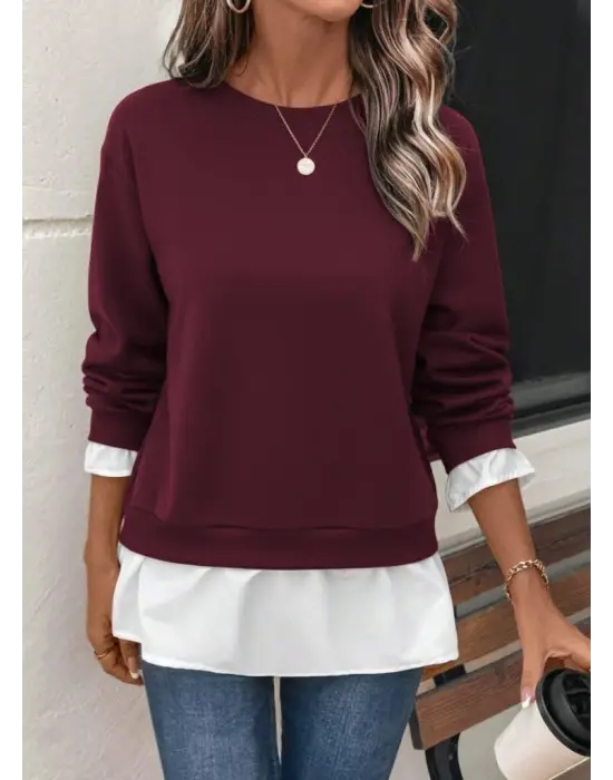 Kadın Uzun Kollu Bisiklet Yaka Viskon Iki Iplik Ve Etek Ucu Trikoton Bluz