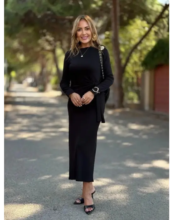 Kadın Uzun Kollu Bisiklet Yaka Yandan Bağlamalı Uzun Modal Elbise