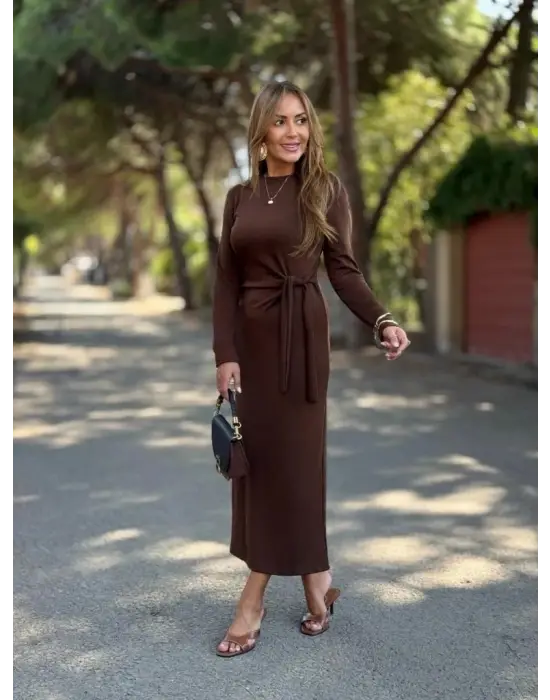 Kadın Uzun Kollu Bisiklet Yaka Yandan Bağlamalı Uzun Modal Elbise