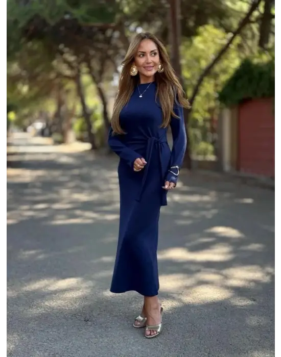 Kadın Uzun Kollu Bisiklet Yaka Yandan Bağlamalı Uzun Modal Elbise