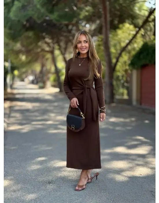 Kadın Uzun Kollu Bisiklet Yaka Yandan Bağlamalı Uzun Modal Elbise