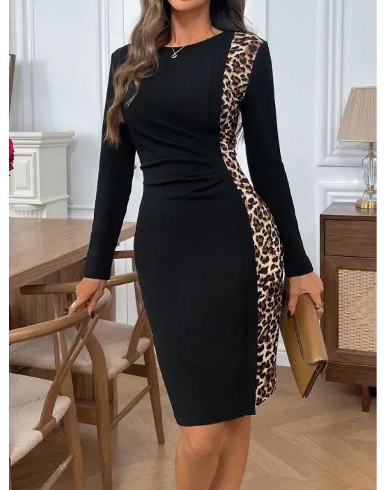 Trend Leopar Detaylı Mini Krep Elbise