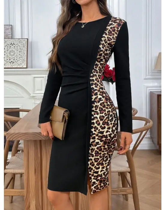 Kadın Uzun Kollu Bisiklet Yaka Yandan Büzgü Ve Leopar Detaylı Mini Ithal Krep Elbise