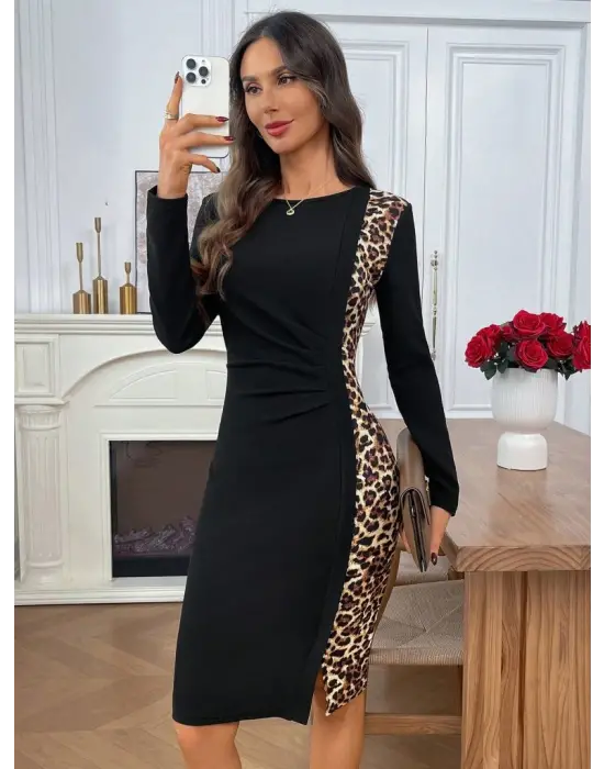 Trend Leopar Detaylı Mini Krep Elbise