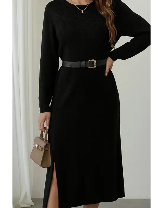 Kadın Uzun Kollu Bisiklet Yaka Yandan Yırtmaçlı Midi Triko Elbise