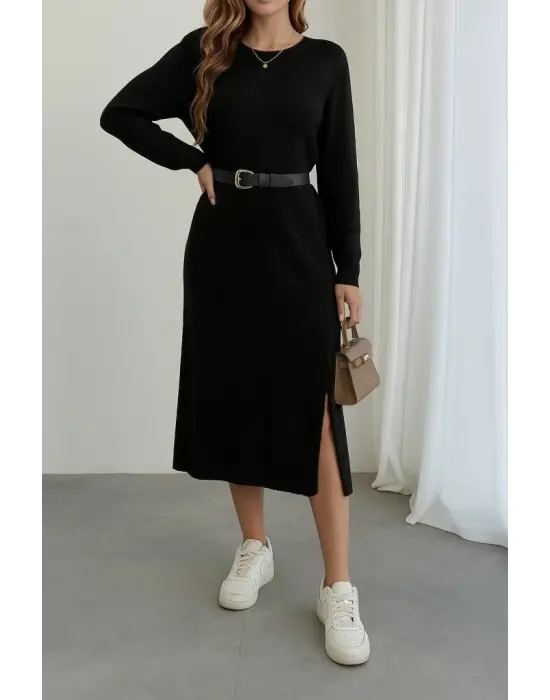 Kadın Uzun Kollu Bisiklet Yaka Yandan Yırtmaçlı Midi Triko Elbise