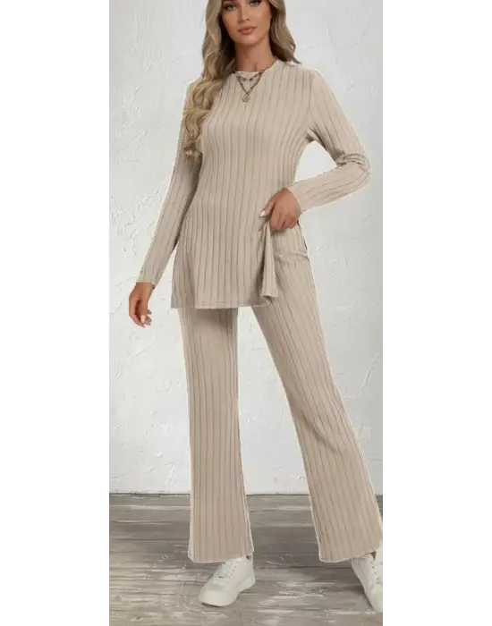 Kadın Uzun Kollu Bisiklet Yaka Yandan Yırtmaçlı şardonlu Kaşkorse Bluz Ve Pantolon Ikili Takım