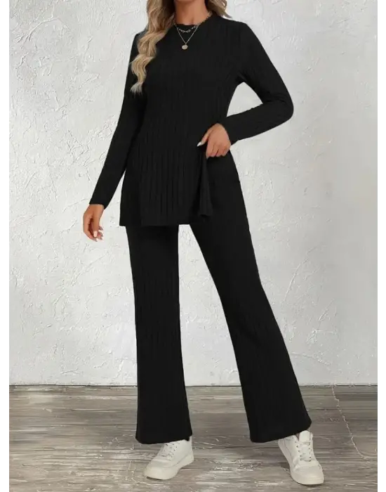 Kadın Uzun Kollu Bisiklet Yaka Yandan Yırtmaçlı şardonlu Kaşkorse Bluz Ve Pantolon Ikili Takım